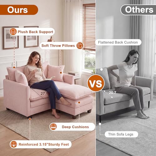 Image of 50'' L-Shape Loveseat Sofa with 22 inch Ottoman, 2 Seat Modern Cloud Couch with 2 Washable Pillows for Small Space Apartment Office Living Room Bedroom, Pink