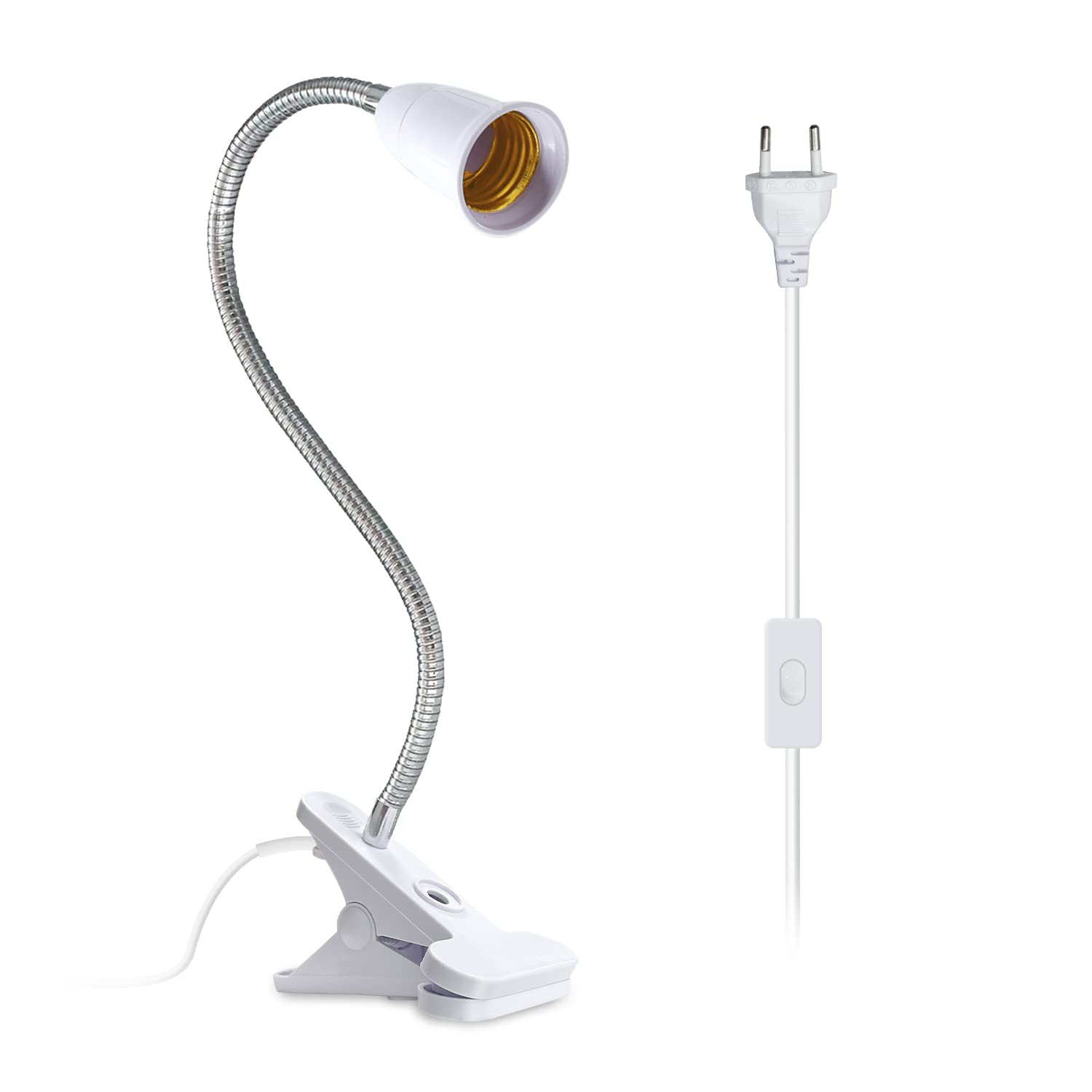 Portalampada E27 Con Pinza E Collo Flessibile - Lampada Da Tavolo, Cavo 220cm, Bianco - Foto 6