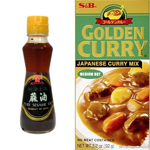 Kadoya 100% Pure Sesame Oil 5.5 oz and S&B Golden Curry Japanese Curry Mix Medium Hot 3.2 oz Bundle