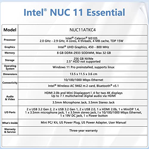 Intel Nuc 11 Nuc11Atkc4 Atlas Canyon Home And Business Mini Pc Desktop, Win11 Pro, Intel Celeron N5105 4-Core, 4-Thread - Support Hdmi Dual 4K Uhd/Bluetooth V5.1/Wifi (8Gb Ddr4 Ram + 256Gb Ssd) #TOP4