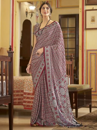 Image of SAREE MALL Women's Ajrkh Print Satin Crepe Polka Dot Printed Saree With Unstitched Blouse Piece