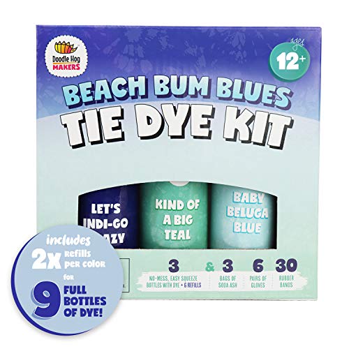 Aqua & Blue Tie Dye Colors in Beach Bum Blues Tie Dye Kit (Tye Dye Kit). Custom Clothing Dye with 6 Refills for Multiple Projects, Soda Ash, Ties, Free Tie Dye Techniques Guide DIY Tye Dye Fashion