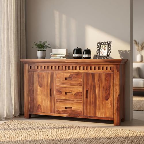 Image of SHIKHA WOOD CRAFT Solid Sheesham Wood Sideboard Cabinet with 2 Doors and 3 Drawers | Wooden Kitchen Cabinet, Crockery Unit, Dining Room Organizer, Living Room Storage Furniture (Kuber Natural Finish)