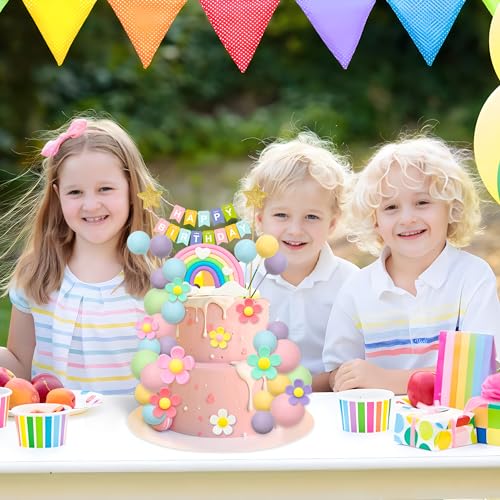 Augisteen BOHO CAKE TOPPER-3 39 Pcs Pastel Balls Cake Topper Daisy Flower Balls Cake Decoration Boho Rainbow Cake Topper 70S Groovy Hippie Daisy Cake Topper thumb #4