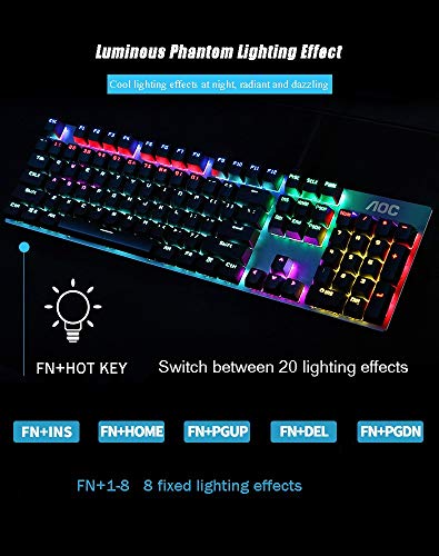 ZXJ Gaming Keyboard, Colorful Rainbow LED Backlit USB Wired Keyboard, with Blue Switches, 105 Keys (UK Layout) Anti-ghosting All-Metal Panel for Desktop, Computer, PC Gamer