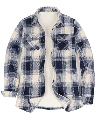 ThCreasa Womens Sherpa Fleece Lined Flannel Shirt Jacket Warm Button Up Plaid Shirt Jac (Sherpa Fleece Throughout)