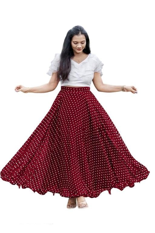 Image of Women's Lycra Top with Georgette Skirt | Polka Dot Print Long Flared Maxi | Full Length Flowy Skirt for Women | Stylish Casual Wear