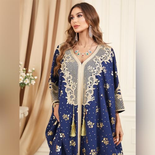Image of OBEEII Muslim Dress for Women Loose Batwing Sleeved Hooded Beaded Embroidery Long Abaya Dress Kaftan Abayas Islamic Robe