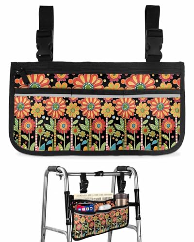 Wheelchair Side Storage Bag Spring Boho Red Flowers Leaves Polka Dots Painting Armrest Pouch with Cup Holder and Reflective Strip Wheelchair Accessories Organizer Bags for Walkers Rollator
