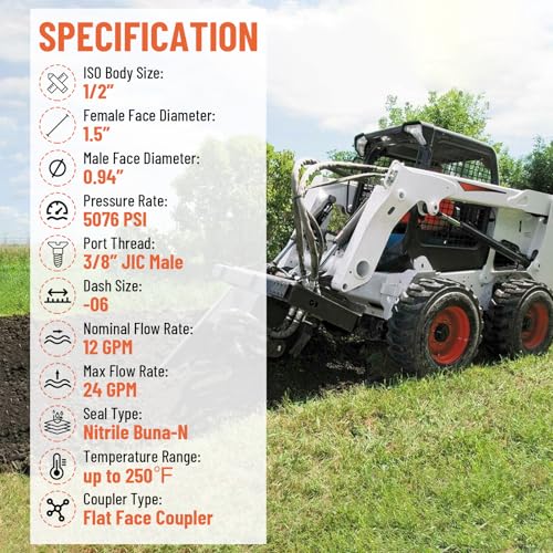 Image of 90 Degree Elbow 1 /2 inch Flat Face Hydraulic Quick Connect Coupler, 1 /2 inch Body Size x 3 /8″ JIC Male Thread Skid Steer Hydraulic Coupling Adapter with Dust Cap