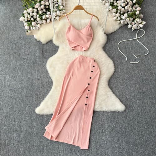 Women Beach Vacation Suits Elegant V Neck Spaghetti Straps Tops High Waist Hip Wrap Single Breasted Split Skir4