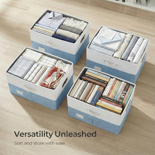 Image of PRANDOM Storage Bins with Lids [3-Pack] Linen Fabric Foldable Storage Boxes Organizer Containers Baskets Cube with Cover for Bedroom Closet Office White&Blue (23.4X15.9X11.4)