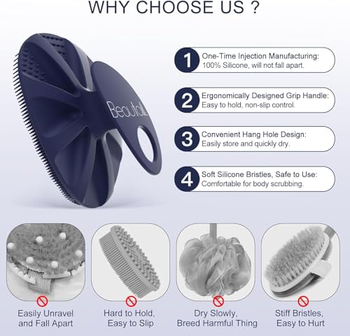 Image of Silicone Body Scrubber 2 Pack, BEAUTAIL Shower Bath Wash Brush, Gentle Exfoliating Scrub Cleansing Loofah for Women Men Baby Sensitive Skin, Easy to Clean, Lather Nicely, More Hygienic, Pink+Blue