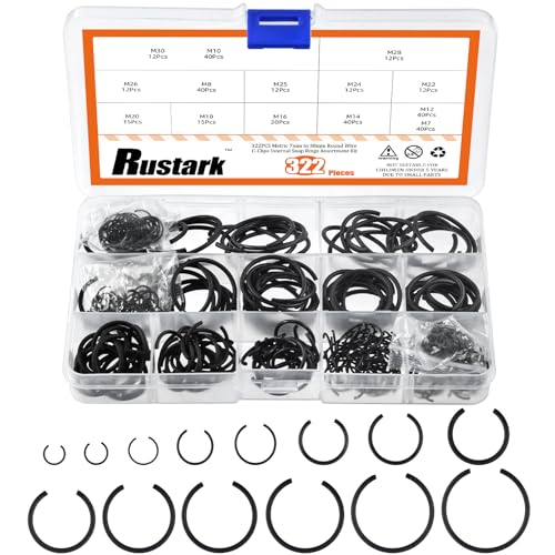 Rustark 322Pcs 14 Sizes 65Mn Steel Round Wire C-Clips Snap Rings Assortment Kit Internal Retaining Rings Bearing Stop Ring for Hole - M7 M8 M10 M12 M14 M16 M18 M20 M22 M24 M25 M26 M28 M30