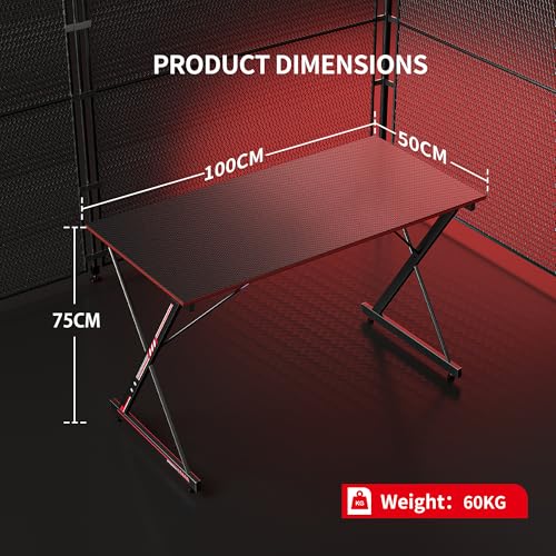 Gaming Tisch 100 x 50 cm, Gaming Schreibtisch, PC Tisch mit Kopfhörerhaken und Kohlefaserbeschichtung, Ergonomischer Computertisch, Metallgestell, Kohlefaser Schwarz – Bild 4