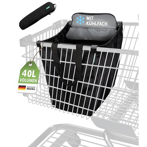 Cottara® Einkaufstasche für Einkaufswagen mit Kühlfach | Faltbare Einkaufswagentasche zum einhängen mit Kühlfunktion & Einkaufschip | Ideale Tasche für Einkaufswagen und Shopper (Schwarz mit Kühlfach)