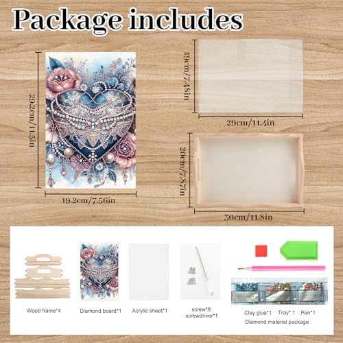 Image of AiYuanzsh DIY Diamond Art Wooden Tray with Handle, Blue Jewel Heart with Flowers Design, Diamond Painting Mosaic Kit, Creative Craft Diamond Art Tray for Coffee Table and Home Organizer