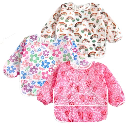 Image of PandaEar 3 Pack Waterproof Baby Long Sleeve Bibs for Girls, Lightweight Toddler Art Smock with Catch-All Pocket, Washable Mealtime Bibs for Eating & Messy Play, Fits 6-24-36 Months
