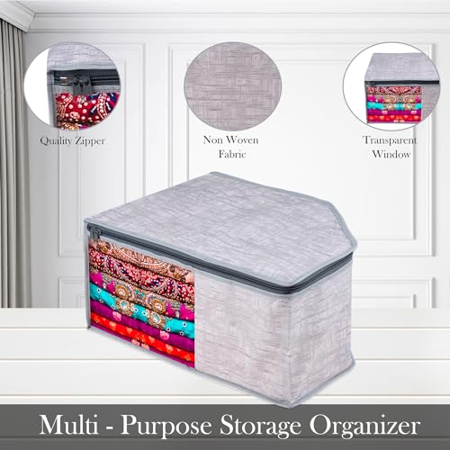 Image of Kuber Industries Blouse Cover | Clothes Storage Bag | Zipper Closure Wardrobe Organizers | Clothes Organizer With Transparent Window | Jute Printed Clothes Bag | Pack Of 3 | Gray, 40 x 27 x 20 Cm