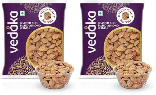 Image of Amazon Brand - Vedaka Premium Roasted & Salted Almonds | 200 Gram | Lightly Salted California Almonds | Badam | Dry Fruit Snack | Delicious & Crispy (Pack of 2)