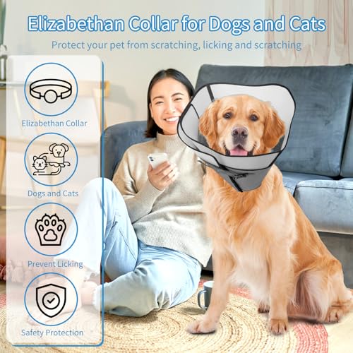 Image of Adjustable Dog Cone Collar for Surgery Recovery, Soft Wound Collar After Surgery for Large Medium Dogs Prevent Licking, Adjutsable Elizabethan Dog Neck Collar, Comfortable Pet Recovery Collar