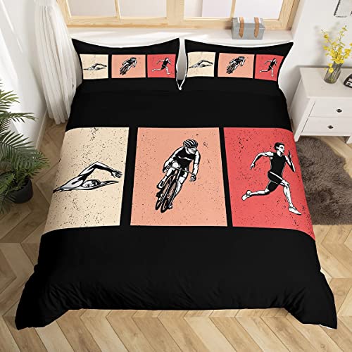 Juego de funda nórdica deportiva de triatlón tamaño S, natación ciclismo y correr, juego de fundas para niños, niños, niñas, ropa de cama negra a cuadros coloridos, juego de funda de edredón para