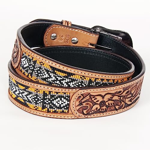 Hand Tooled Genuine Leather Crafted Unisex Tan Western Belt Beaded Carving Large | Bead Belts for Women Men2