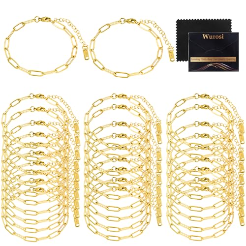 Wurosi 30PCS Paperclip Charm Bracelets Chain for Jewelry Making,6.3Inch 18K Gold Plated Bracelet Chain DIY Charm Bracelet Kit with Lobster Clasps(Gold)