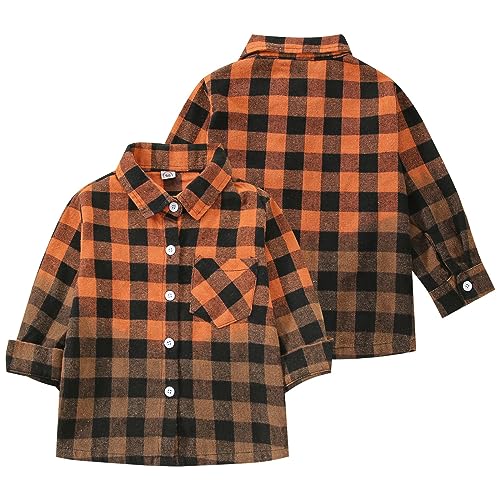 Boys Girls Flannel Plaid Shirt Jacket Long Sleeve Lapel Button Down Pocketed Shirts Fit Casual Fall Coat