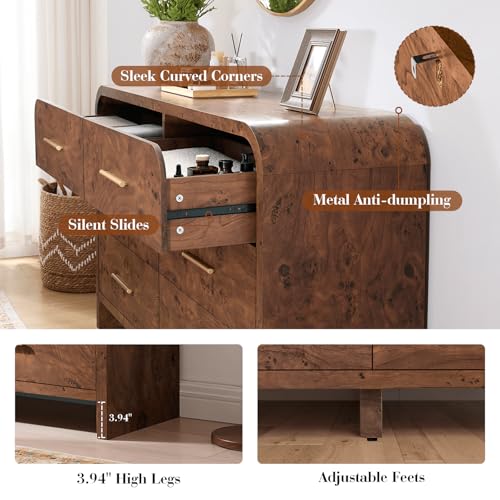 Image of Curved Drawer Dresser for Bedroom with 6 Drawers, 54'' Wide Chest of Drawer