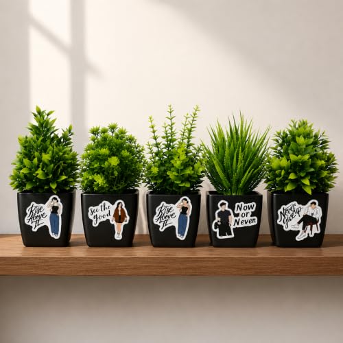 Image of Artificial Plants with Motivational Quote Pots Set of 5 | Mini Fake Plants for Home Decor | Indoor Office Desk Table Decor | Decorative Plastic Planters for Living Room, Bedroom, Balcony & Gift Items