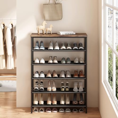 Image of INGIORDAR Shoe Rack Organizer 6 Tier Metal Organizer Shelf with Industrial MDF Board and Layer Fabric for Entryway Closet Bedroom Living Room Garage,Black & Rustic Brown (Black+Rustic Brown, 6 Tier)