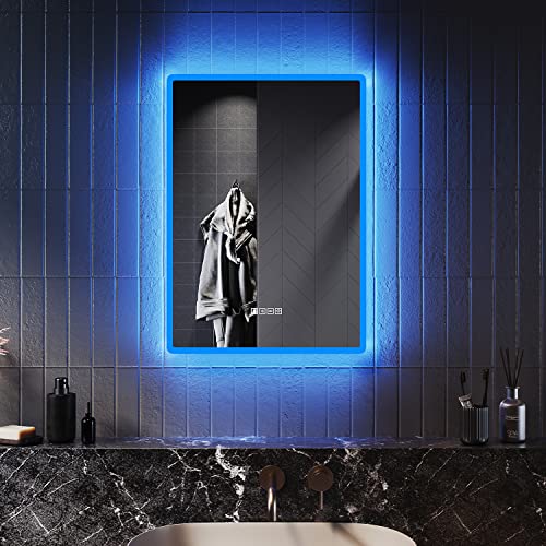 ELEGANT Backlit Illuminated Bluetooth Bathroom Mirror with Blue Atmosphere Light, Wall Mounted Bathroom LED Mirror with Shaver Socket, 500x700mm Vanity Mirror with LED Lights and Demister Pad