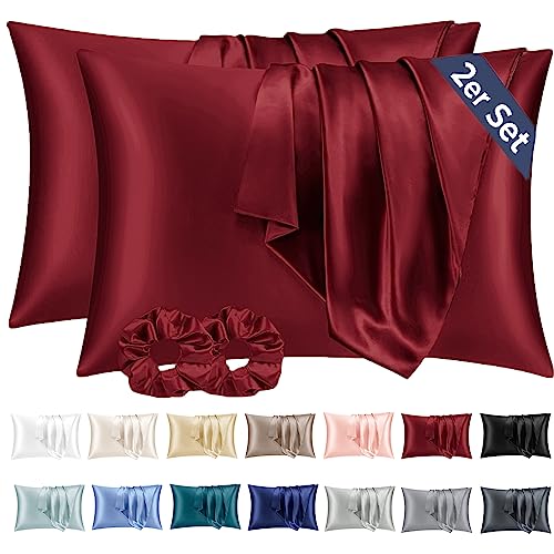 Vielit 2 Piezas Funda Almohada Satén 50x80 Vino, Suave como la Seda, para el Cabello y la Piel con 2 Elásticos