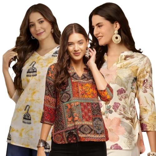 Image of Women's Printed Short Kurti Tops Rayon Cotton Blend Tunic Combo