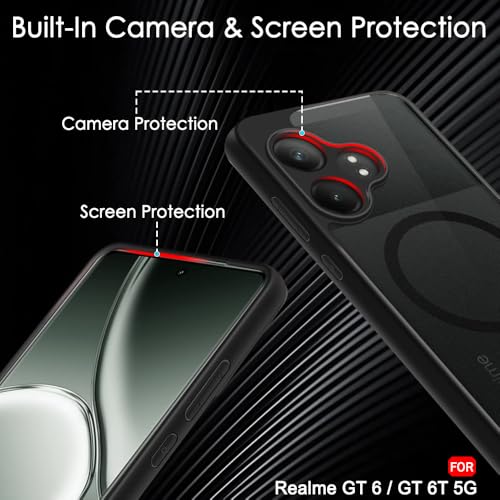 Image of TheGiftKart Hybrid Shockproof Back Cover Case for Realme GT 6 / GT 6T 5G Compatible with MagSafe | Hard Back Cover Case for Realme GT 6 / GT 6T (PC & TPU, Translucent Smoke Matte Back, Black Sides)