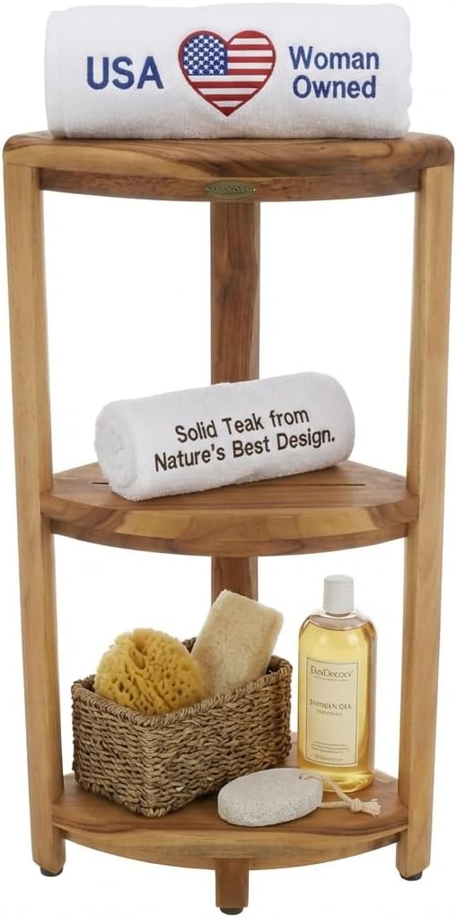 EcoDecors New- EarthyTeak FULLY ASSEMBLED 3-Tier Compact Teak Corner Shower Shelf- Shower Storage 1 13Lx13Wx34T Natural