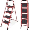 KINGRACK Folding Step Ladder 4 Steps Stool,Heavy-Duty Sturdy Safety Steel Tall Step Stool Ladders with Handrails & Wide Pedals for Adults Home Kitchen Office,Red