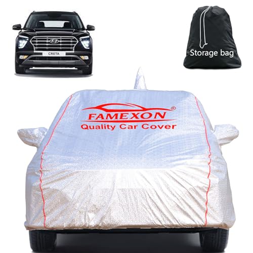 Image of Full Body Car Cover for Hyundai Creta with Mirror and Antena Pocket Triple Stiched(Silver with Red Piping)