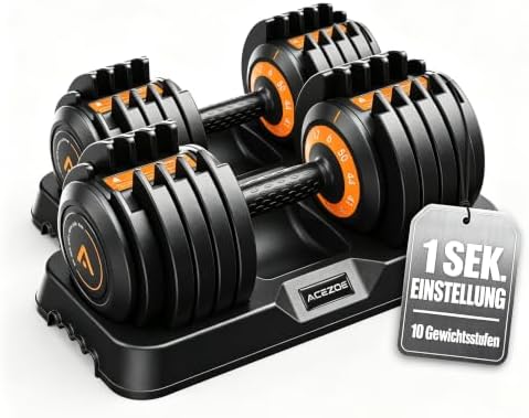 Acezoe verstellbares Hantelset 12 kg/24 kg – 10 Gewichtsstufen pro Hantel | Einhand-Schnellverstellung | dreifaches Sicherheitsverriegelungssystem