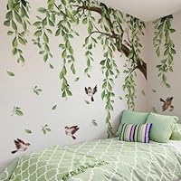 WandSticker4U®- [Extra groß] Aquarell Wandtattoo BAUM XXL in Grün (134x98 cm) I Wandaufkleber hängende Rebe grün Blätter Pflanze Vögel I Wandsticker Wohnzimmer Schlafzimmer Erwachsene Kinder