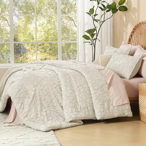 Image of Litanika Super King Plus Comforter Set Beige, 3 Piece Boho Tufted Bedding, Fluffy Farmhouse Bed Set for All Season with 2 Leaf Pattern Pillowcases(128x120In)