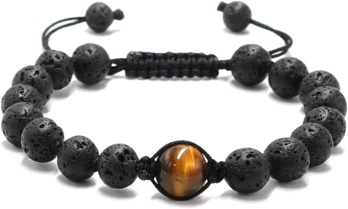 Tiger Eye Lava Stone Beaded Bracelets for Men - Onesmek Healing Crystal Tigers Eye Lava Rock Beads Bracelet for Essential Oil Diffuser, Handmade Gemstone Bead Bracelet Gifts for Stress Relief