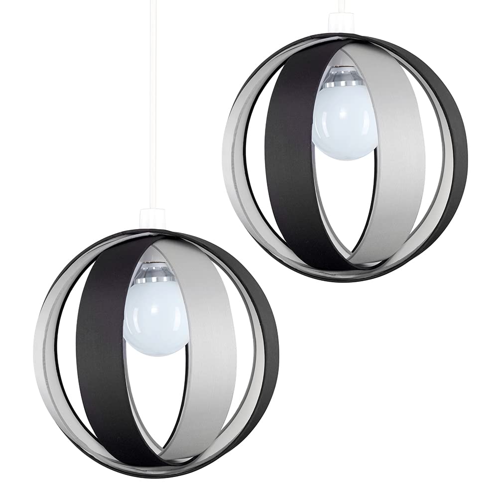 MiniSun | Modern Black and Grey Fabric Cocoon Globe Style Ceiling Light Shades | Pendant Lights, Home Décor & Improvement Essential | Set of 2 | Includes 10W LED GLS Bulbs | 29cm Shade Width