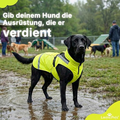 Wasserdichter Hunderegenmantel, reflektierenden Sicherheitsstreifen & Leinenöffnung – Leichte, Jacke für mittelgroße Hunde von Lautus Pets - XL, Gelb