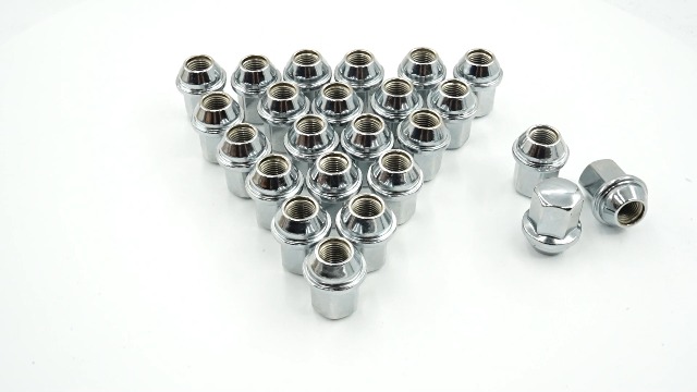 Image of One-Piece Chrome Large Acorn Seat Lug Nuts Compatible with Most Chrysler, Dodge, Jeep, Ram Vehicles, M14x1.5, 7 /8 inch Hex, 24pcs, Replaces OEM 611-330