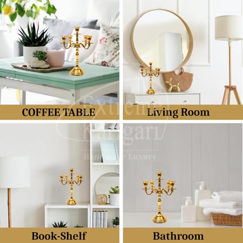 Image of Decorative Aluminum Vintage 5-Arm Brass Gold Candelabra Candle Holder - Elegant Metal Table Centerpiece for Home, Wedding, Party, Dining Room & Living Room Decor