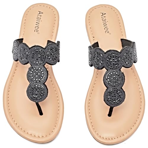 Ataiwee Sandalias Planas para Mujer - Chanclas bohemias brillantes y elegantes, cómodas sandalias planas de verano.(2207007,BK/MF,39)