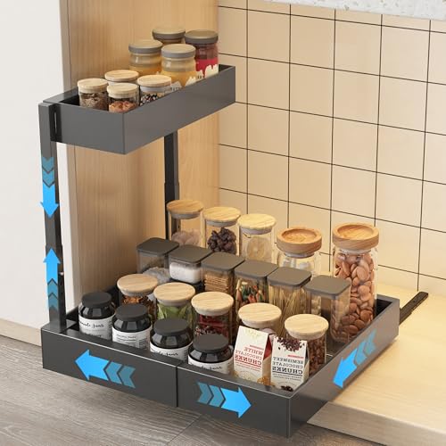 Ornestia estante ajustable en anchura para debajo del fregadero, 5 alturas ajustables,cajones extraíbles para armarios de cocina con lámina adhesiva, negro