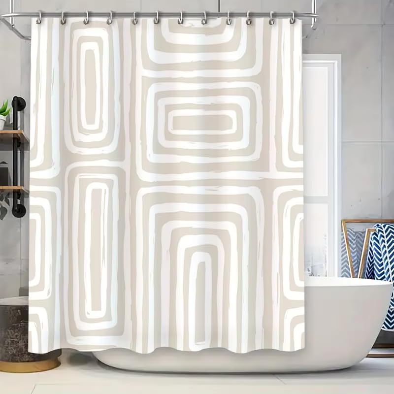 Rideau de douche beige et blanc style bohème abstrait pour une ambiance de bain relaxante